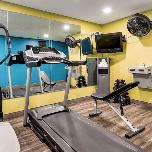 The image shows a small gym with an elliptical machine, treadmill, bench, dumbbells, wall-mounted TV, fans, mirrors, and exercise equipment.