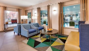 A cozy lounge area with blue chairs, a yellow bench, a round coffee table, and a colorful rug, with large windows and modern decor.