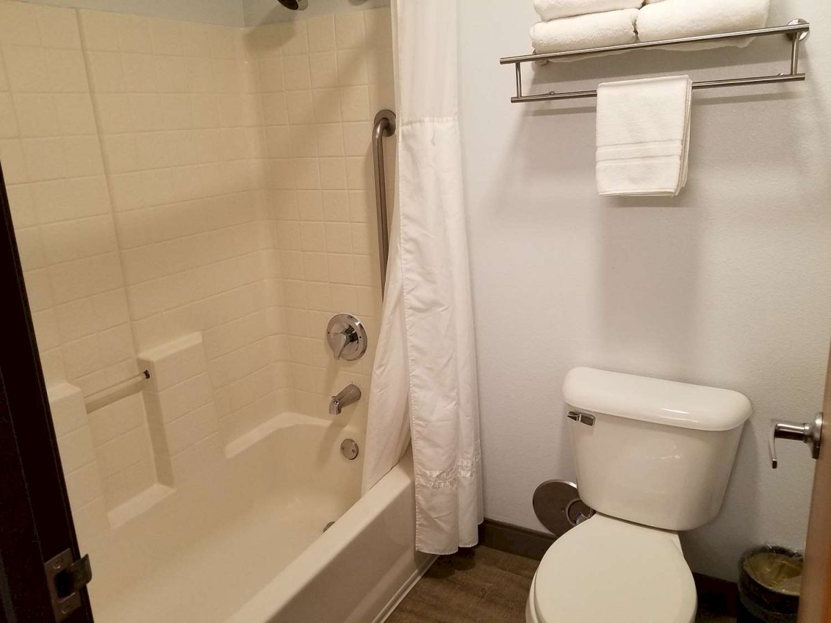 A small bathroom featuring a bathtub with a shower curtain, a toilet, and a wall-mounted towel rack holding folded towels and a hanging towel.